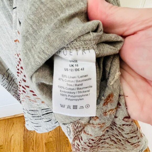 Poetry Embroidered Linen Lagenlook Maxi Dress Caftan Shawl Collar Size 12 - Picture 9 of 11